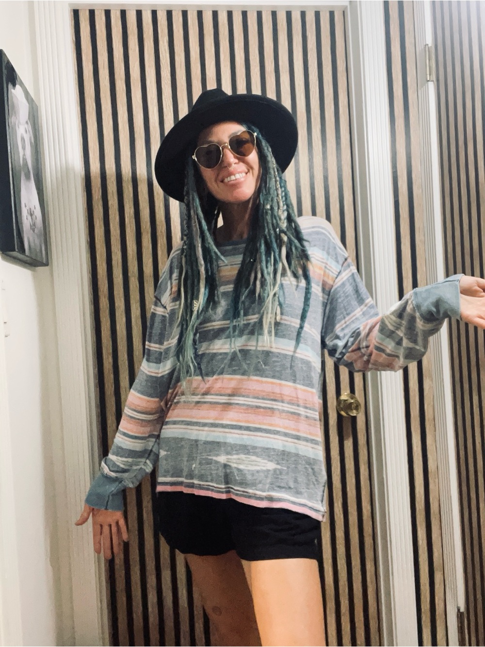 Free People Striped Lightweight Long-Sleeve Pullover in Blue, Pink & Gray